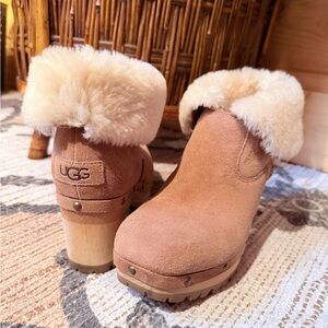 UGG Chestnut Suede Shearling Clogs